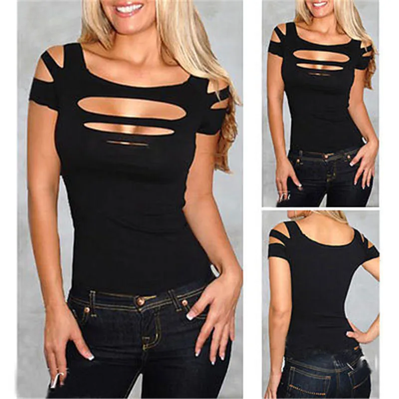 Сексуальная Женская Черная майка с дырками Клубная одежда однотонная открытая