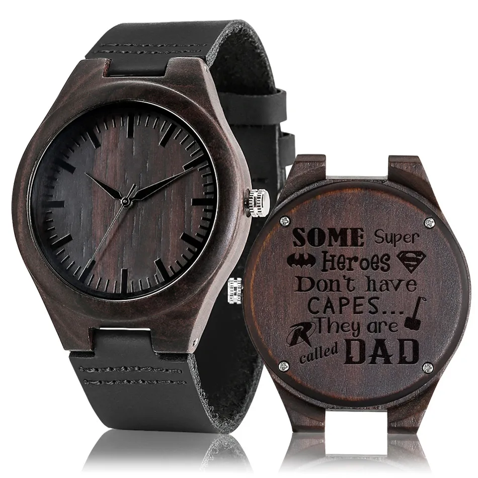 Personalized DAD Customized Engraved Wood Watch Male Quartz Wristwatch Genuine Leather Band Men's Watches Casual Man Timepiece