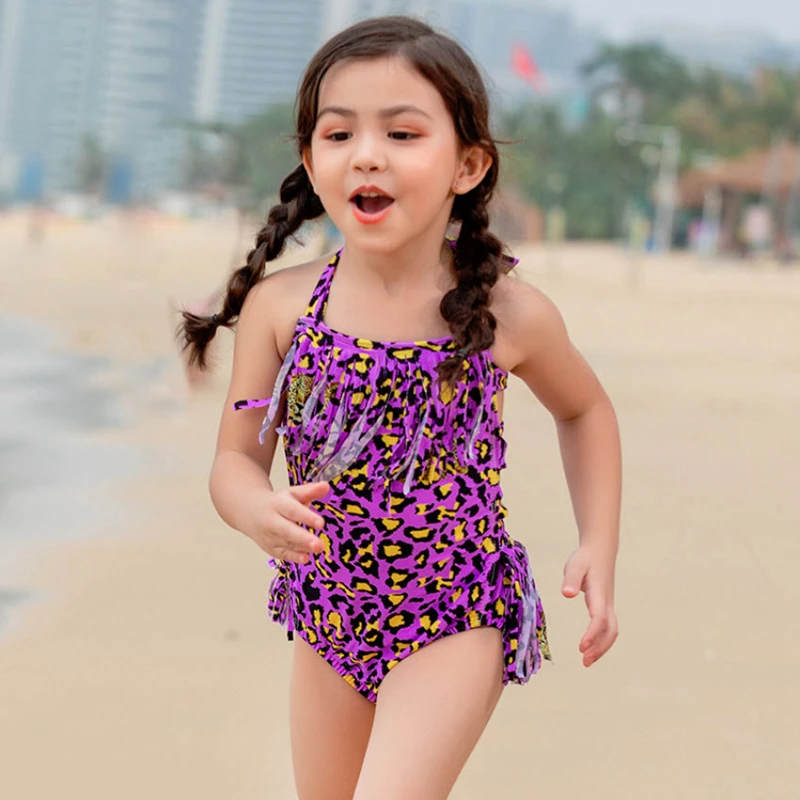 Леопардовый купальник для девочек 1 10 лет сине фиолетовый Цельный с бахромой