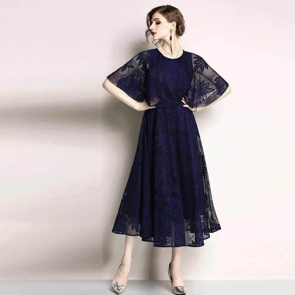 

Lady Cloak Tulle Mesh Embroidery leaves solid woman summer lace elegant dress o-neck female mid a-line party dress