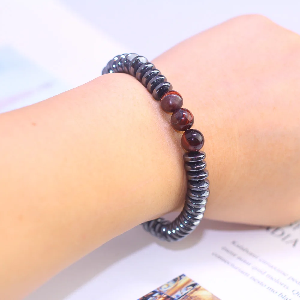 Мужской браслет из черного Желчного Камня с круглыми дисками и бусинами |