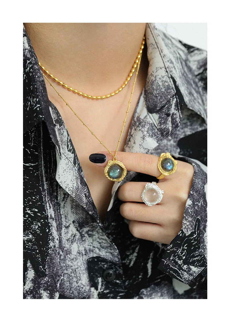 

925 Sterling Silver Natural Stone Charms Necklace Designer T Show Runway Party Gown Wedding Rare Japan Korean Trendy INs