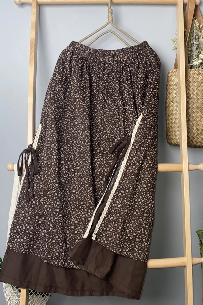 

Japanese Floral Midi Skirt 2021 Early Spring New Style Mori Women'S Side Lace Double Layer Cotton Linen A-Line Skirt