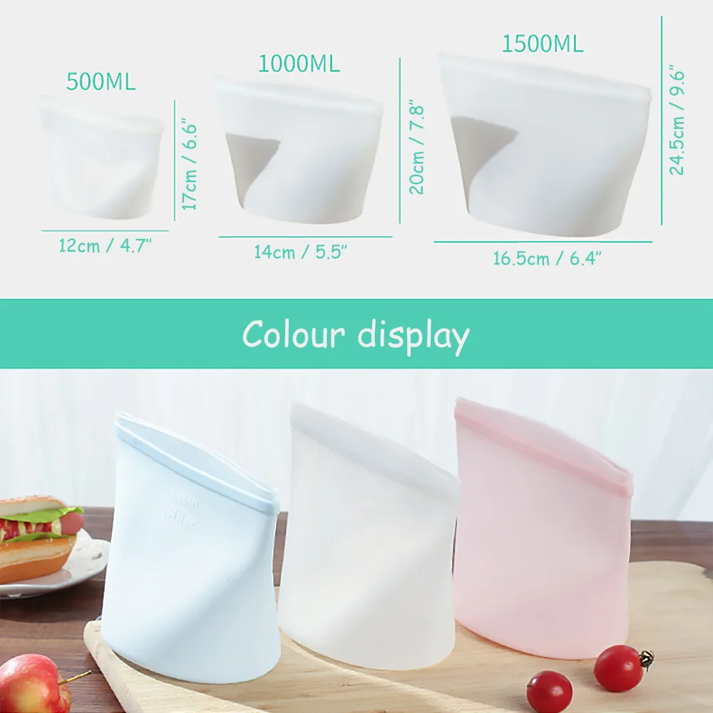 

Silicone Food Bag Stand Up Fruit Vegetable Sealed Bag Leak-Proof Food Storage Ziplock Bag Container Reusable Fresh-Keeping Bag