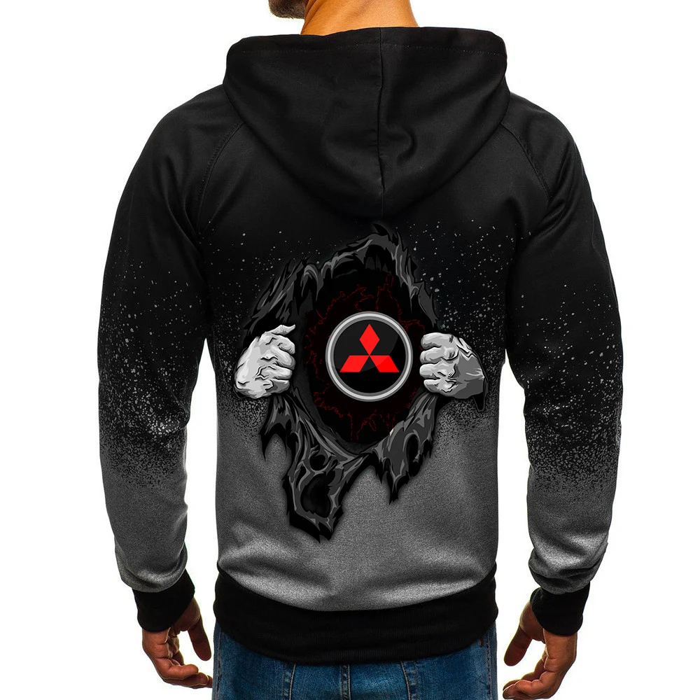 

2021 Autumn Mitsubishi Car Logo Mens Print Zipper jackets Man Casual Gradient Color Coatsautumn velvet Hoodies