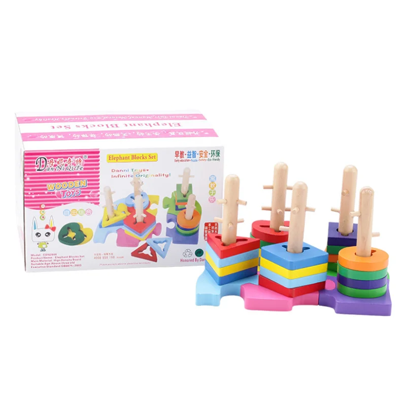 Baby Toys Column Set Geometric Building Blocks Wooden For Kids Carton Elephant Macaron Color Educational Gift | Игрушки и хобби