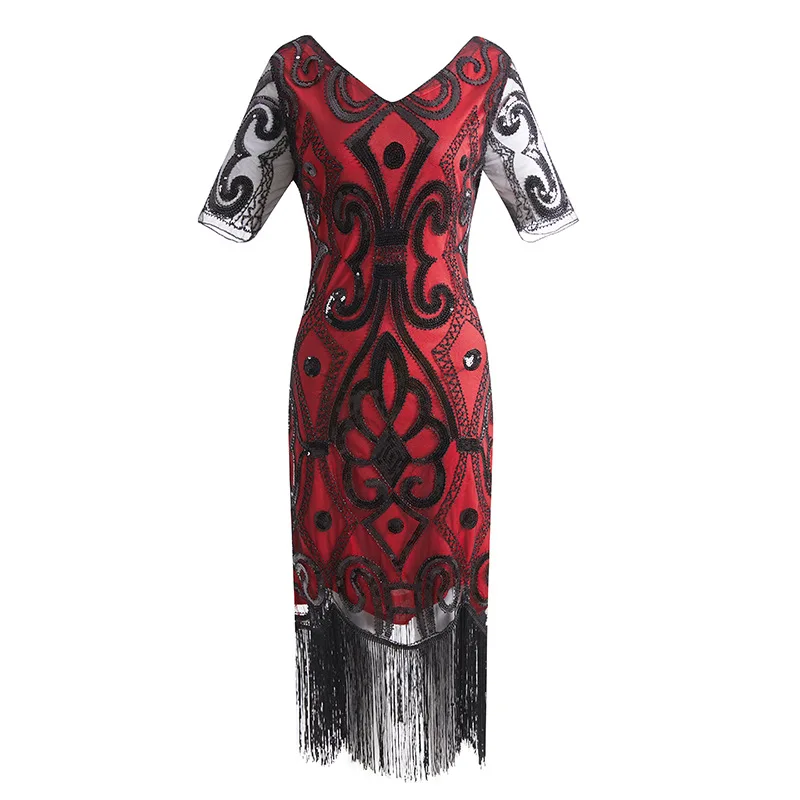 Black Red Dress 1920s платье Гэтсби с Блестками, Бисером, бахромой и Пейсли, винтажное платье, v-образный вырез, 20 s, вечерние аксессуары - Цвет: Black Red Dress