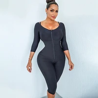 woman bodysuit full body keen length sleeve black white shapewear with front zipper closure corset tummy control post partum