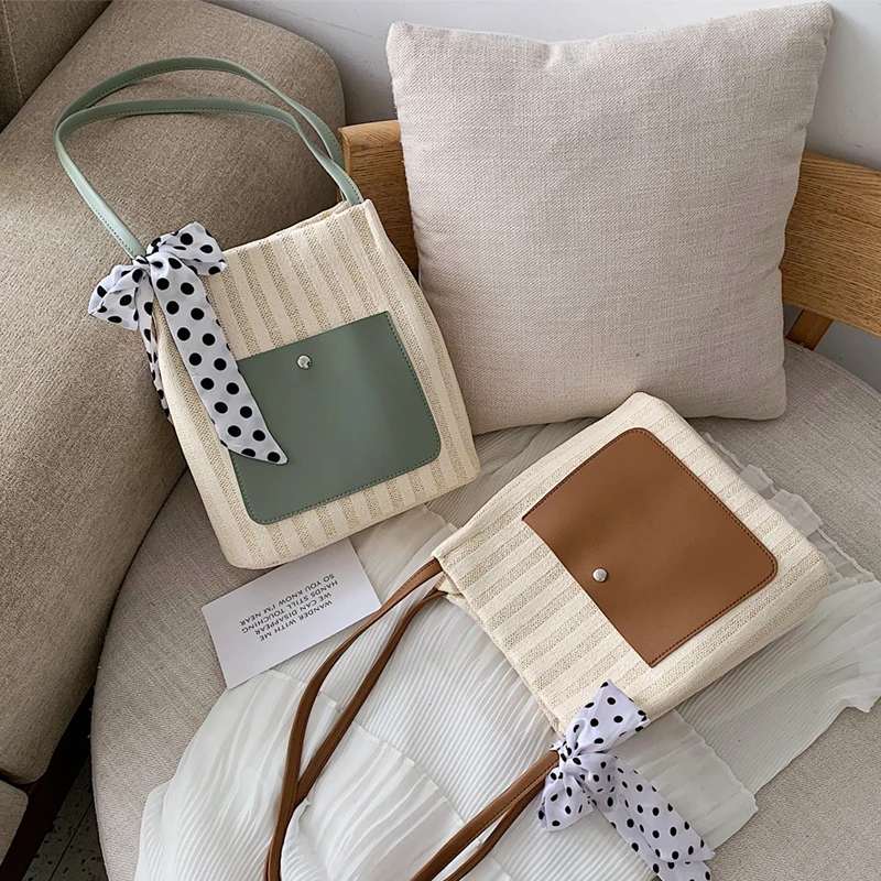 Magic Fish Bags For Women 2020 New Magnetic Buckle Bucket Type Straw Bag Striped Shoulder Large Capacity Fashion | Багаж и сумки