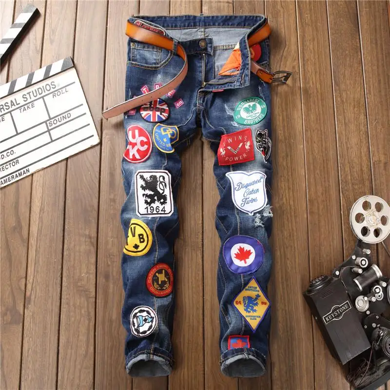 New Men's Moto Jeans Slim Fit Straight Denim Pants Distressed Trousers Ripped Skinny Jeans