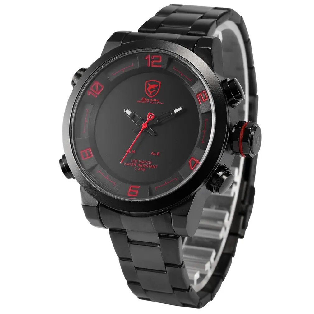 Red SH360 Модная Серия Gulper Акула Полный Чёрный Циферблат Ремешок из Нержавеющей Стали Водонепроницаемость Двойное Движение Календарь СИД-Дисплей Даты Функция Будильника Кварцевые Спортивные Мужские Наручные Часы / SH364 - Цвет: Red SH360