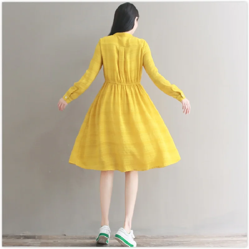 

Spring Autumn Mori Girl Women Solid Dress Stand Collar Yellow Vestidos Feminino Full Sleeve Casual Sweet Elegant Dresses