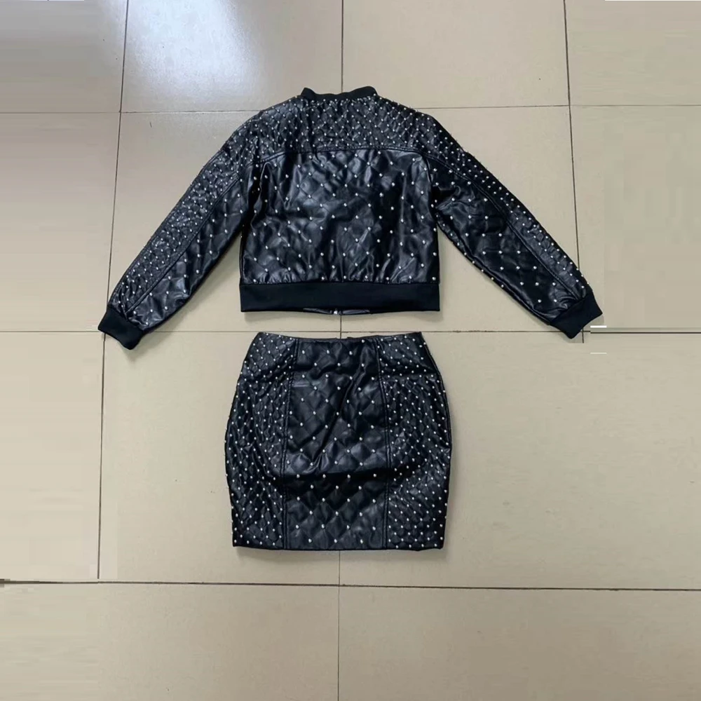 

Latest Fashion Show Collection Customize Women Two Piece Suit Leather With Rivet Design Black Weekend Party Outfit wholesale