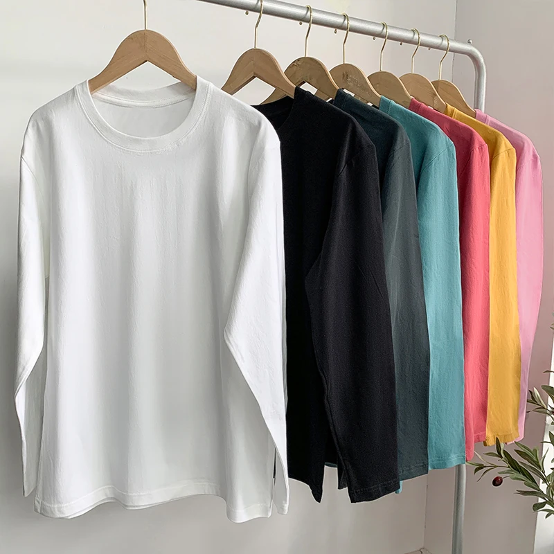 

Solid Basic Cotton Tee Shirt Femme Women Long Sleeve Top Casual Korean Style Clothes Loose Woman T-Shirts Autumn Camiseta Mujer
