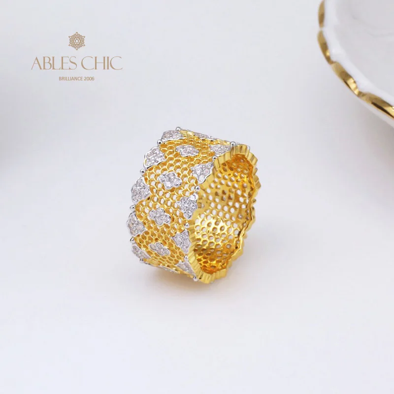 18K Gold Tone Renaissance Lace CZ Flower Cluster Rings Solid 925 Silver Carved Zircons Wide Wedding Band Premium Fine Jewelry