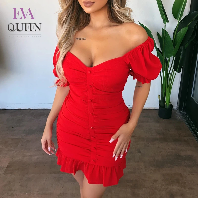 Женское однотонное мини платье EvaQueen с оборками открытыми плечами V образным