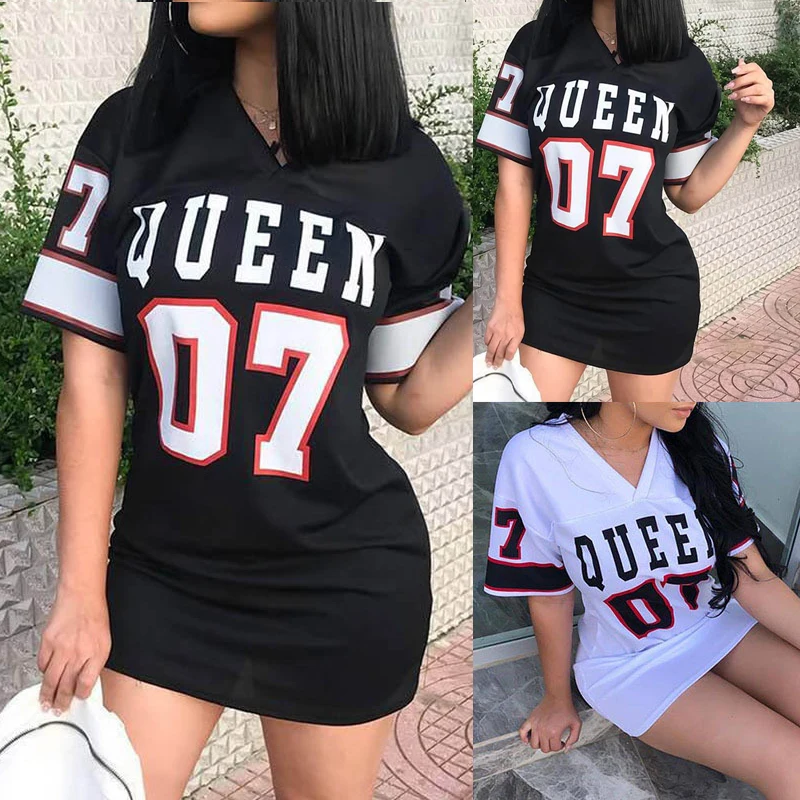 

Summer New Dress Women's T-shirt Casual Loose Sexy Pajamas Solid Color Printing Short-sleeved T-shirt Deep V-neck Mini Dress