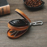 men genuine leather minimalist wallet double zipper car key case key holder