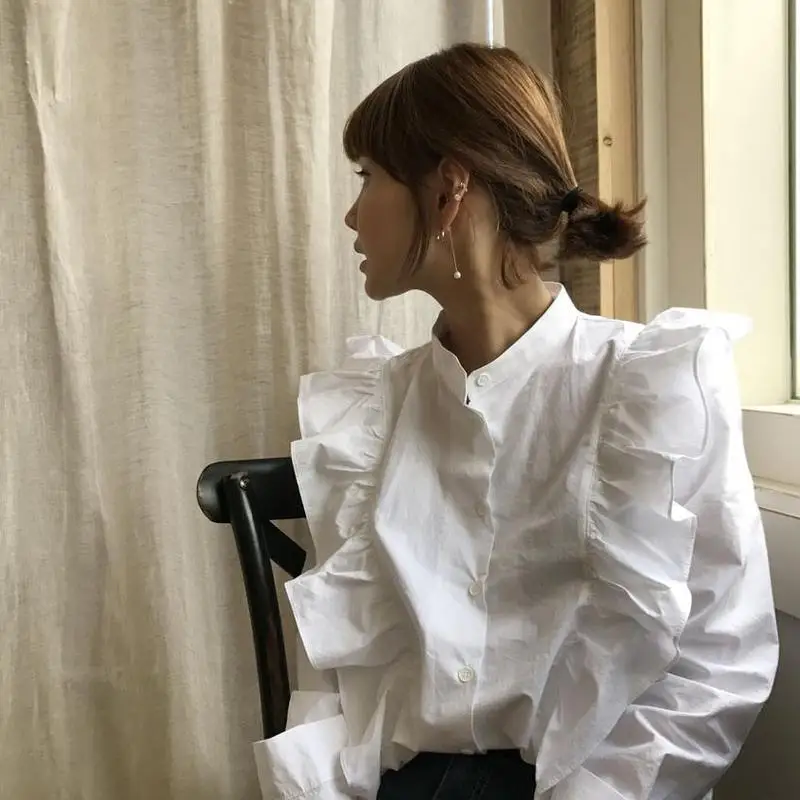 

Pinkou Women Sweet Ruffled White Blouse Long Sleeve Basic Shirt Autumn Spring Office Wear Casual Cute Tops Blusa Mujer LA106