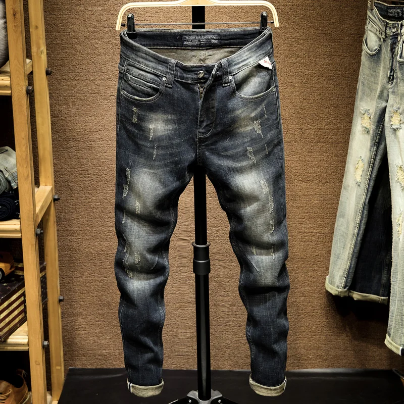 Джинсы мужские облегающие стрейчевые повседневные брюки из денима в стиле панк