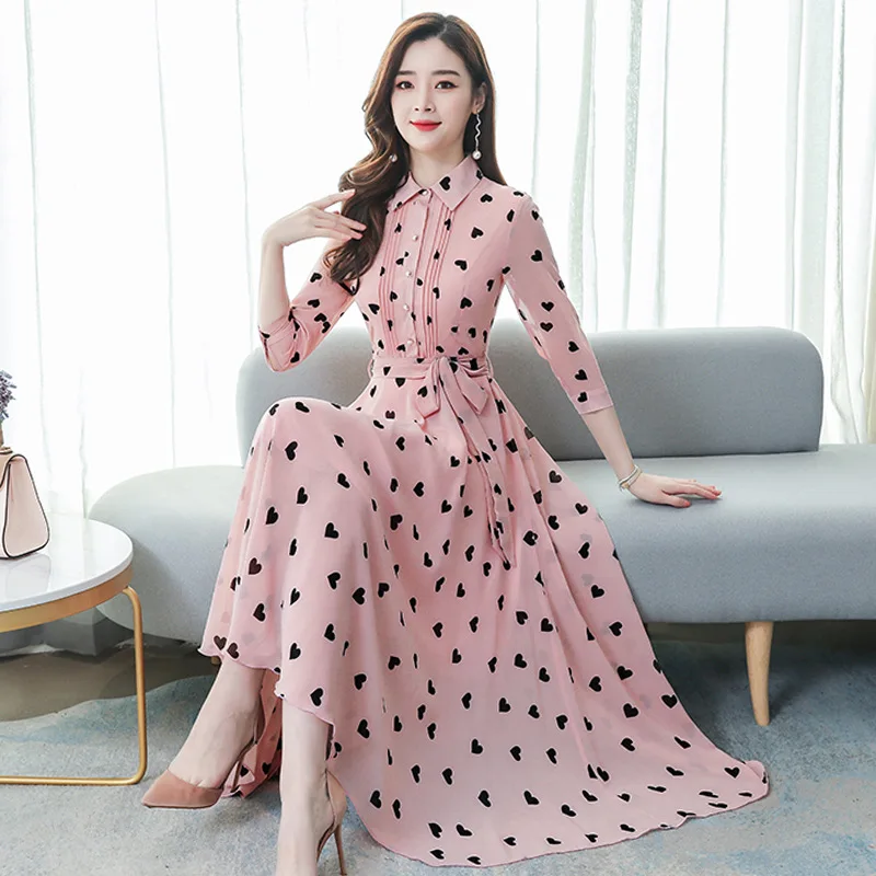 

the new Korean version of large size women's chiffon dress, knee-length dress and seven-point sleeve temperament skirt