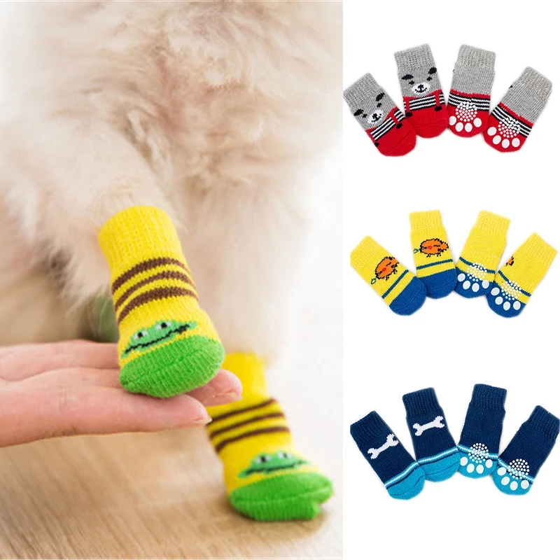 

Носки для домашних питомцев 4 шт./комплект, Толстая теплая вязаная обувь для кошек, Нескользящие, мягкая защита лап, домашняя одежда для щенк...