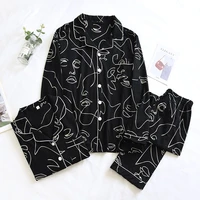 new spring and autumn couples 100 cotton pajamas long sleeved trousers two piece female abstract painting home service male