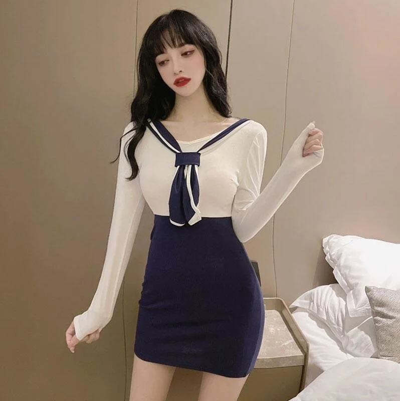 

Nightclub Women's Wear Night Show Work Clothes Technician Overalls Sailor Collar Sexy Long Sleeve Skinny Sheath Dress