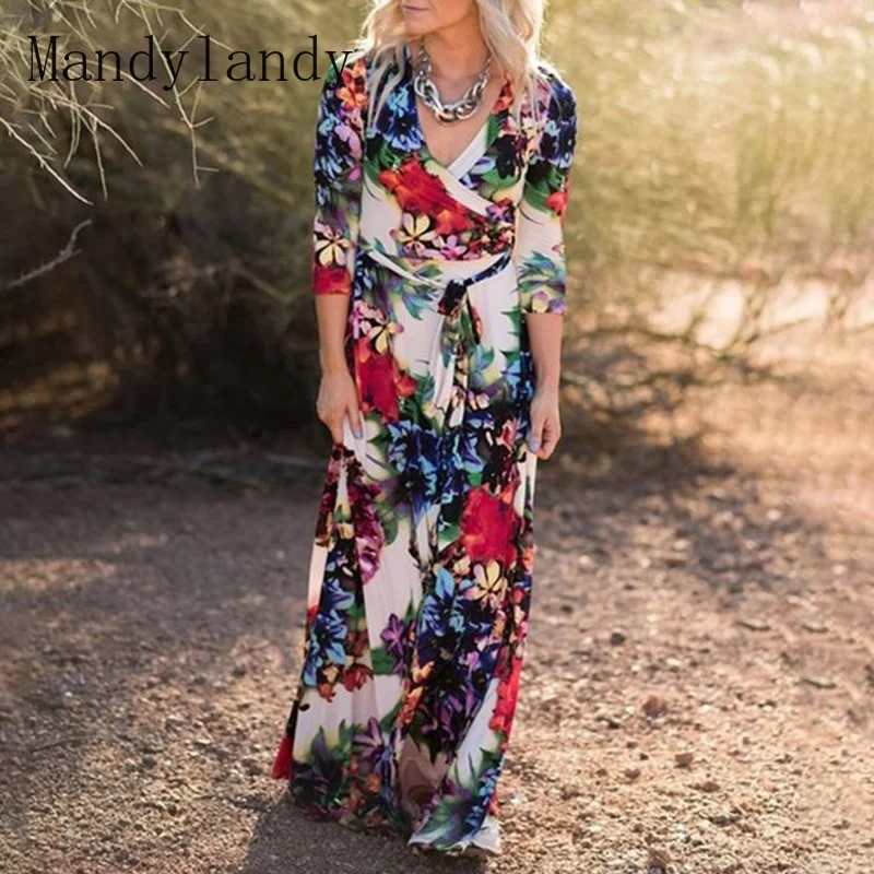 

Женское длинное платье с цветочным принтом Mandylandy, элегантное облегающее летнее платье Бохо с длинным рукавом и V-образным вырезом