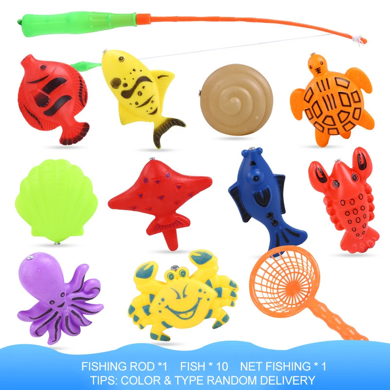Children's 12Pcs/Set Magnetic Fishing Parent-child Interactive Toys Game Kids 1 Rod Net 10 3D Fish Baby Bath Outdoor Toy | Игрушки и