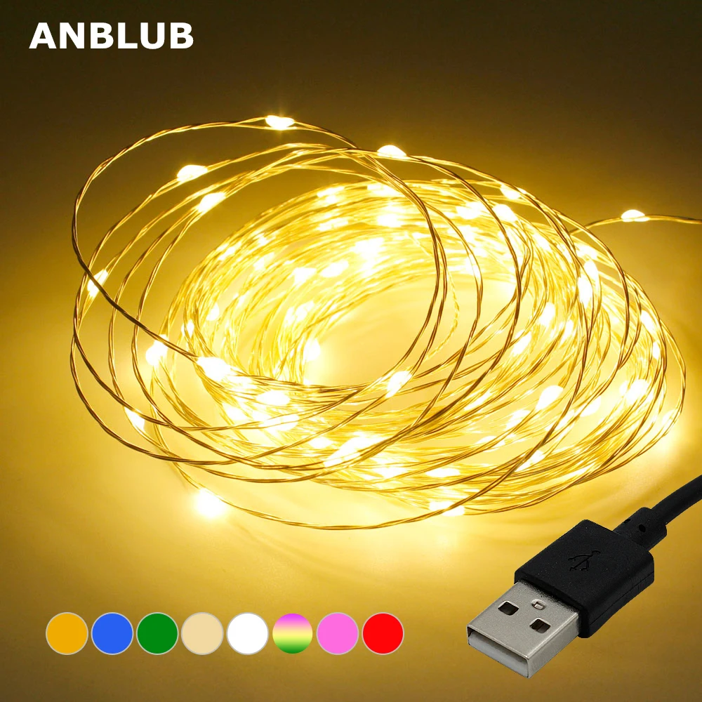 ANBLUB 5 м 10 м Медный Серебряный провод USB светодиодный гирлянды водонепроницаемый праздничное освещение для сказочных рождественских свадебных вечеринок украшения
