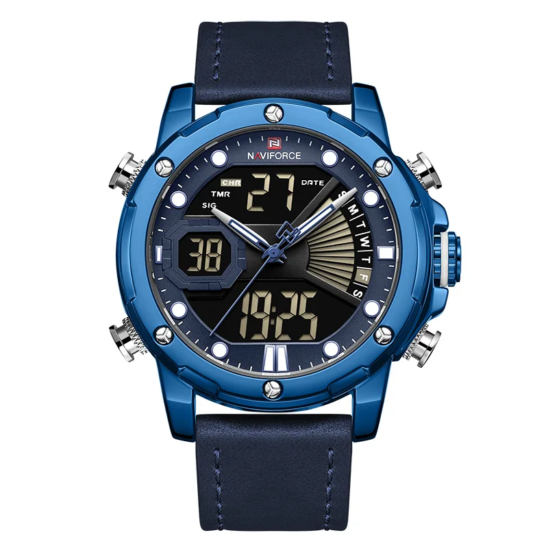 Blue Мужские часы NAVIFORCE модные спортивные кварцевые часы мужские кожаные водонепроницаемые наручные часы светодиодный Аналоговый Цифровой Часы Relogio Masculino - Цвет: Blue