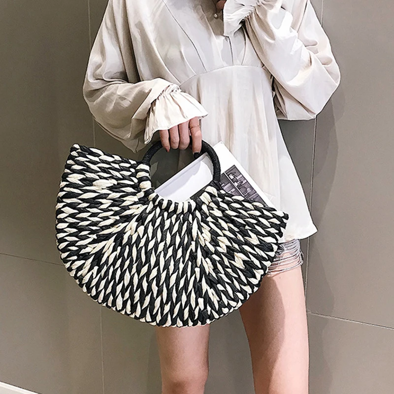 

Fashion Semicircle Handmade Rattan Straw Woven Bag Women Retro Open Round Handle Hard Handbag Women'S Leisure Vacation Handbag