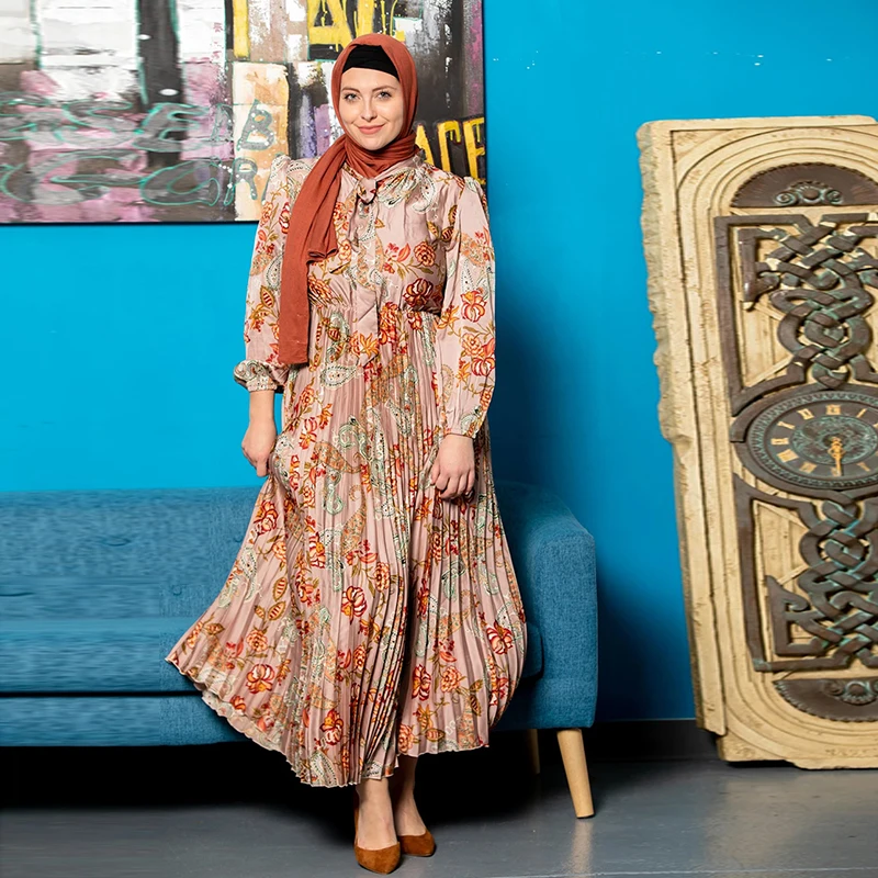 

Latest Printing Satin Elegant Pleated Design Morroca Islamic Clothing Long Maxi Muslim Casual Women Dresses Abaya For Women