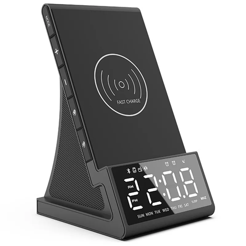 

2020 New Creative Home Wireless Bluetooth Charging Alarm Clock Radio Dual Coil Fast Charge Subwoofer Desktop Bluetooth Speaker