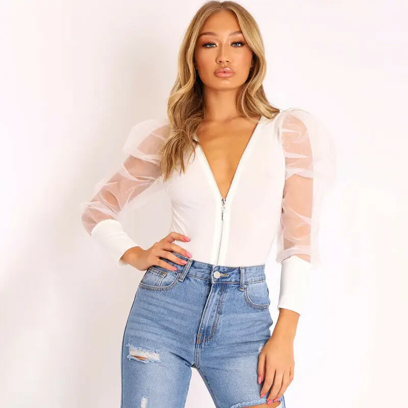 Новинка женский боди с пышными рукавами на молнии трико топы v образным вырезом