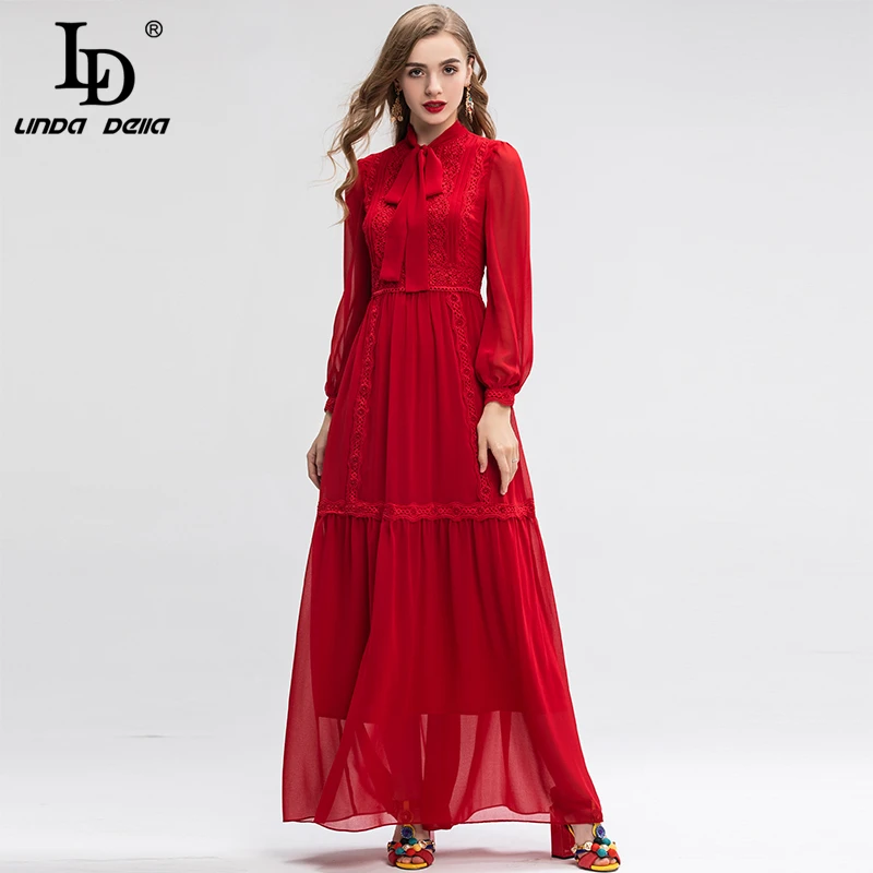 

Женское длинное платье LD LINDA DELLA, длинное платье с цветочной вышивкой и бантом на воротнике, вечерние платья на лето