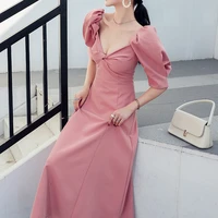 qoerlin summer womens dress 2021 elegant dresses for women large size puff sleeve high waist a line party pink vestidos mujer