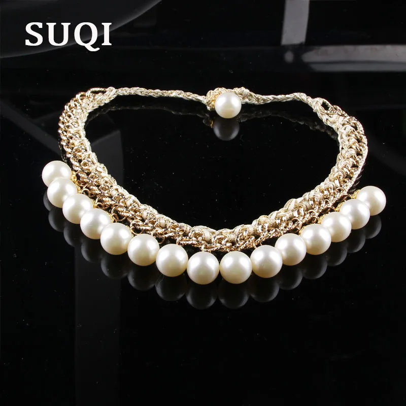 SUQI new Handmade imitation pearl Necklace Women Choker Dress Bride banquet gold Necklaces Pendants Femme Chain Collar jewelry | Украшения