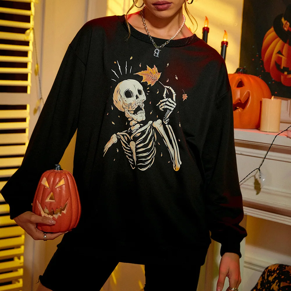 

Women Gothic Hoodie Long Sleeve Fashion Pullover Warm Grunt Printing Loose Round Neck Punk Party Female Tops Winter Clothing