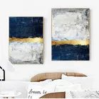 Абстрактная Золотая фольга, блочная живопись, синяя печать, Современная Золотая настенная живопись для гостиной, темно-синие декоративные картины большого размера
