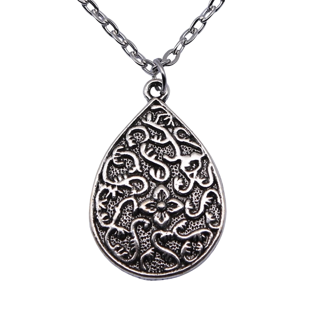 

Fashion Antique Silver Color 22x33mm Water Drop Flower Carved Charms Pendant Necklace For Women Lady Girl Jewelry Gift