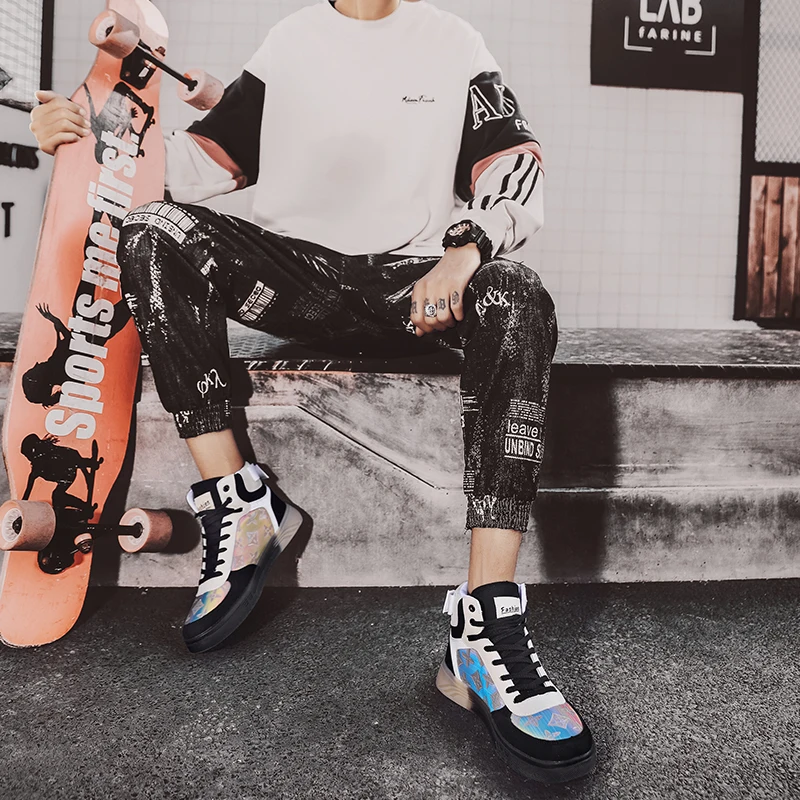 

2020 Designer Men High Top Walking Shoes Non-Slip Colorful Platform Fashion Zapatillas Sports Students Leather Mesh Sneakers