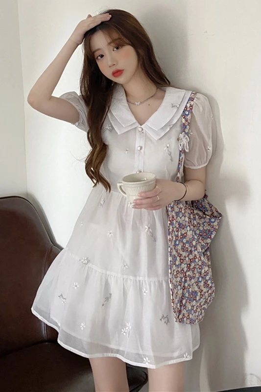 С изящным кукольным воротником обшитым поляризованные шифоновая рубашка юбка