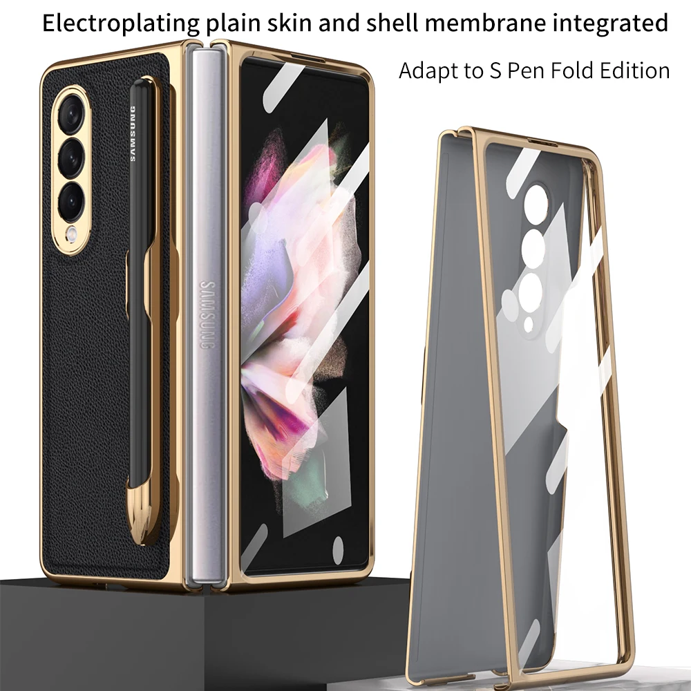 

With Pen Slot Phone Case For Samsung Fold 3 Cover Leather Ultra-thin Shell With Film Protective Samsung Galaxy Z Fold3 W22 Funda