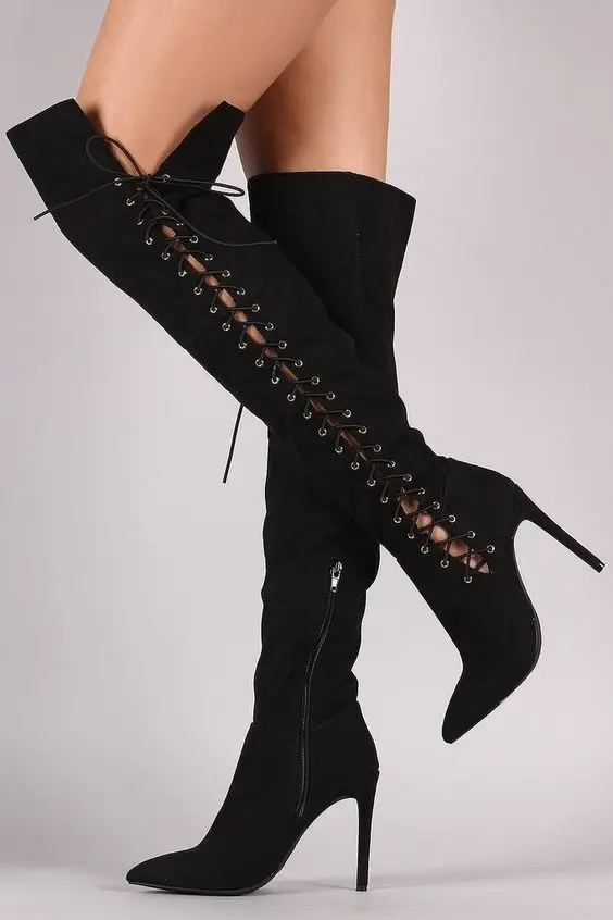 

Solid suede pointed rivet strap sexy boots winter boots