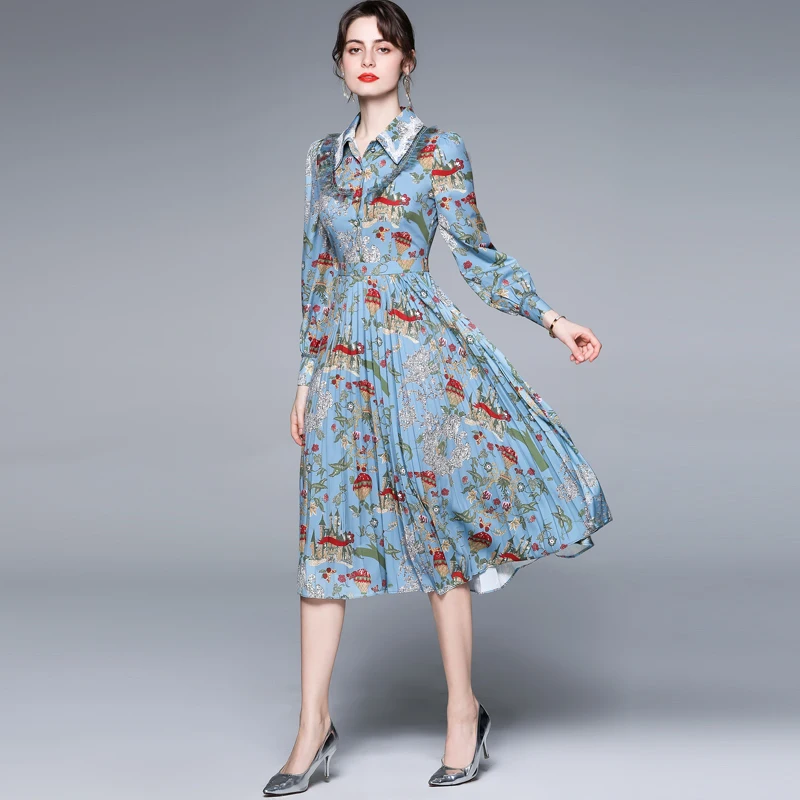 

Fashion Runway Summer Women Midi Dress Hepburn Long Sleeve Lace Patchwork Floral Print Vintage Female Pleated Dress 2021