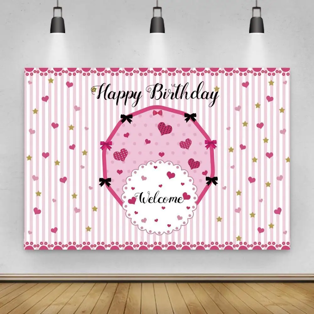 

Welcome To My Birthday Party Photo Backgrounds Pink Bows Sweet Hearts Girl Princess Portrait Photography Backdrops Vinyl