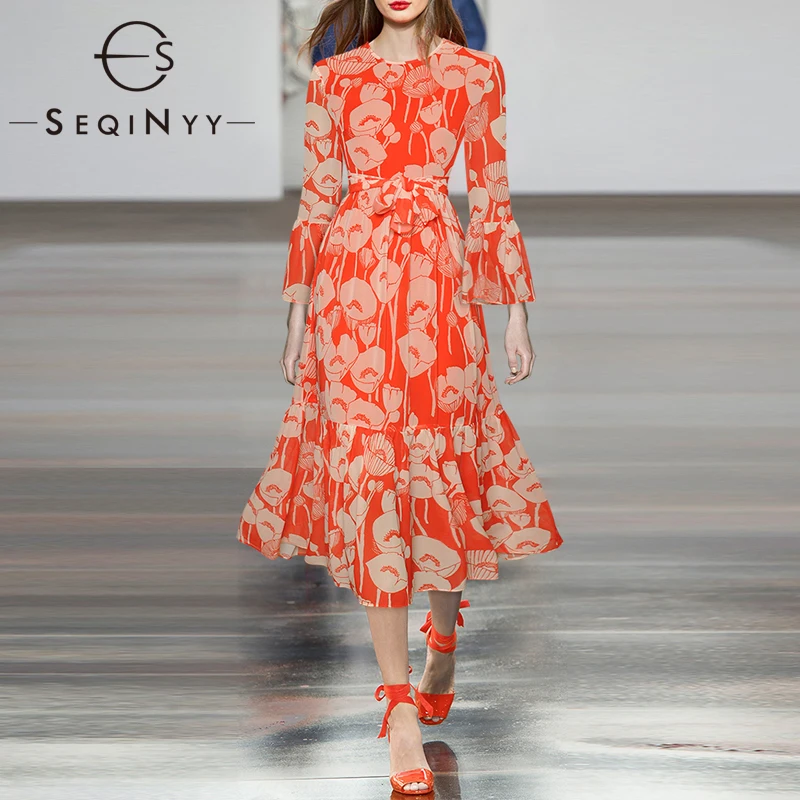 

SEQINYY Chiffon Dress Spring Summer New Fashion Design Women Runway Flowers Vintage Print Orange A-Line Belt Casual Midi
