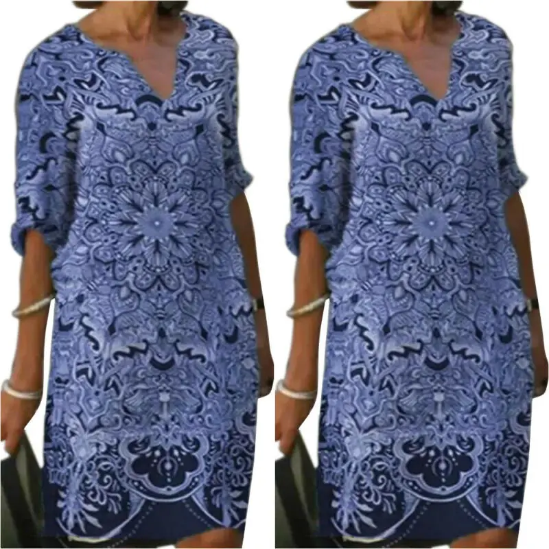 

Womens Summer Casual V-neck Knee Length Dress Ladies Half sleeve Floral Dress